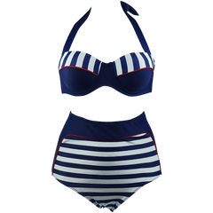 Cocoship Retro Navy Blue Stripe Black Polka Dot High Waist Bikini Swimsuit