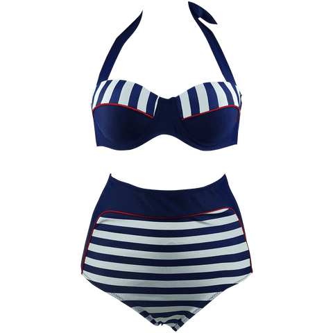 Cocoship Retro Navy Blue Stripe Black Polka Dot High Waist Bikini Swimsuit