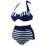 Cocoship Retro Navy Blue Stripe Black Polka Dot High Waist Bikini Swimsuit